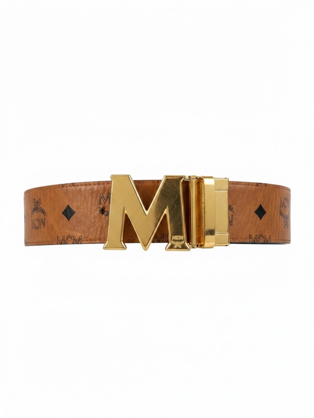 Authentic MCM Visetos Reversible Belt Cognac Monogram Gold M Logo Buckle